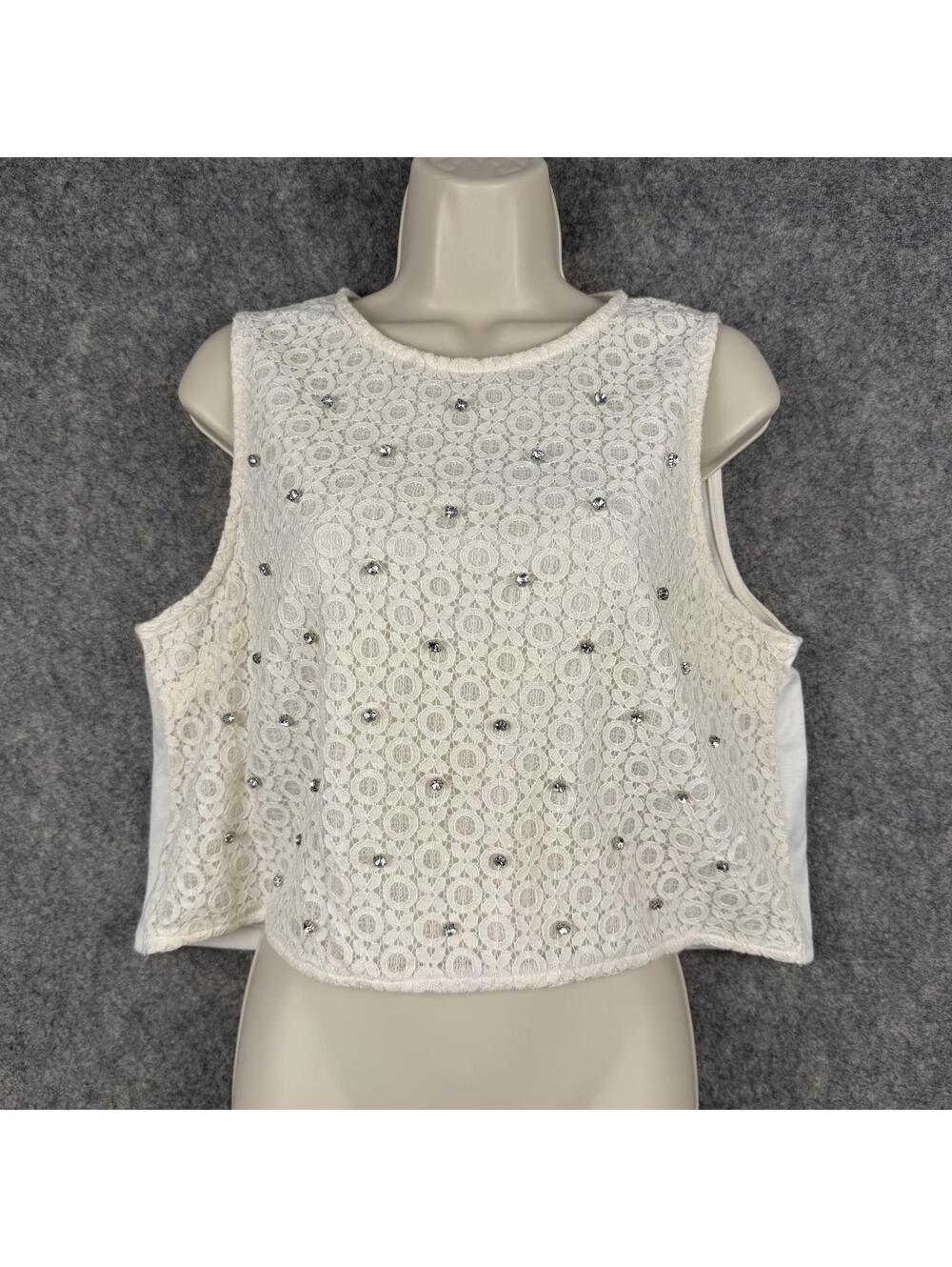 Sleeveless Cropped Lace Top Rhinestones Fairy Coquette Princess White Large 103